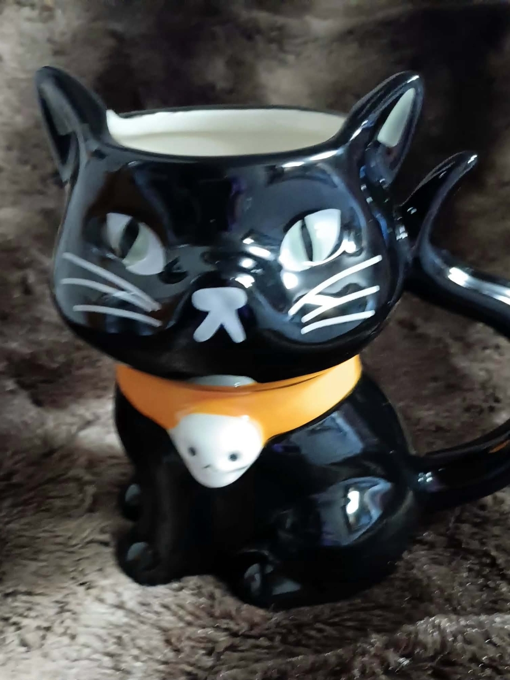 Halloween Black Cat Ceramic Mug with Orange Collar Accent